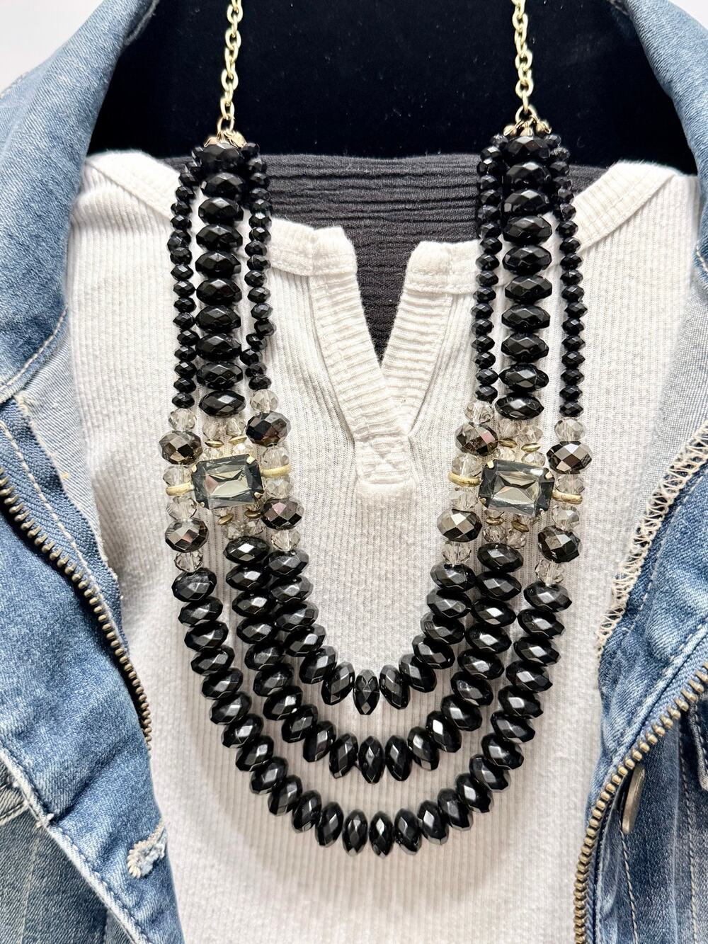 Black Faceted Bead 3-Strand Statement Necklace Smoky Crystal 12” Drop